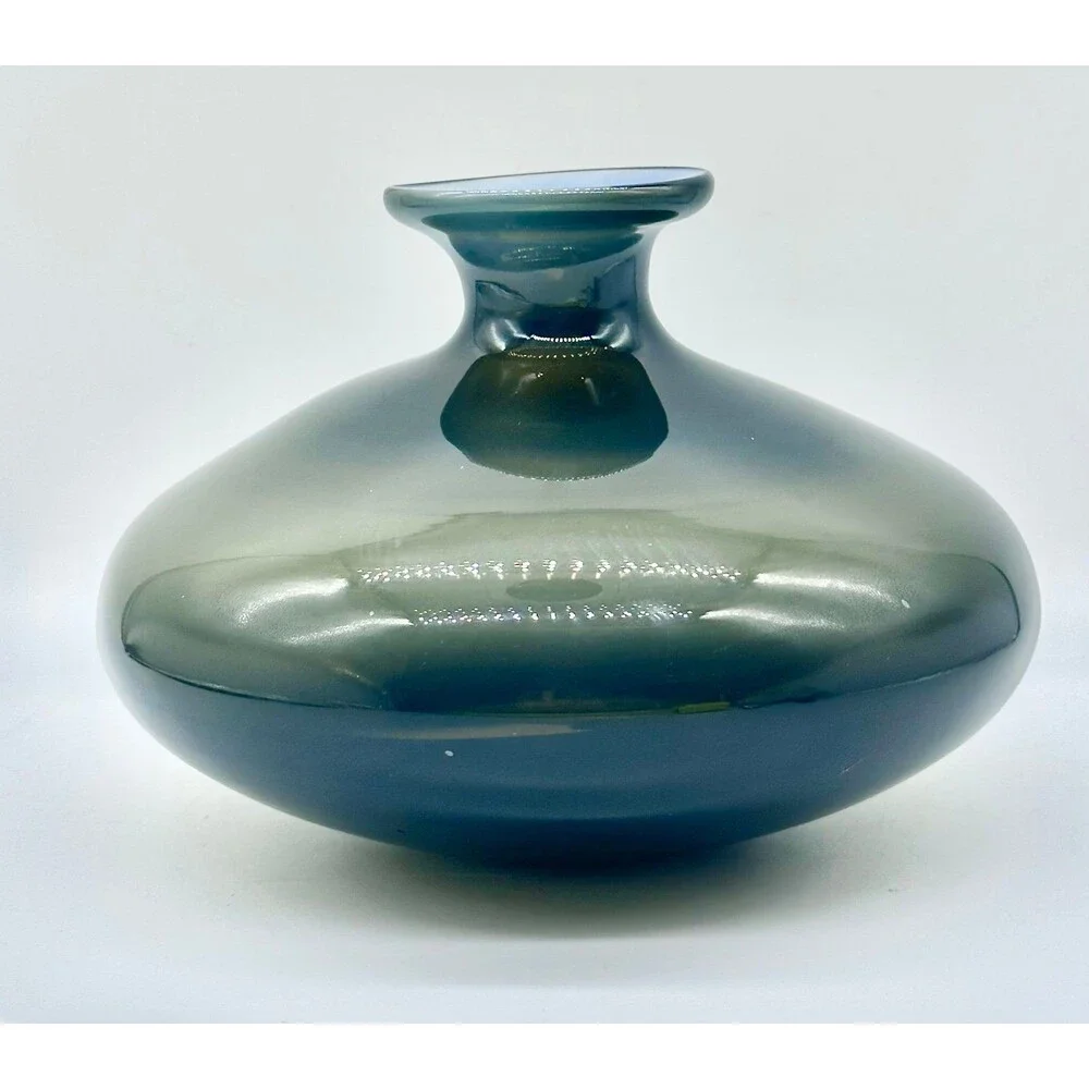 West Elm Smoke Gray Green Flair Blue Opaque VaseMouth blown studio glass vase